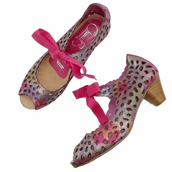 Chanii B Luca Rainbow Leather Heel Laser Cut Open Toe Shoe Women’s Size 41 US 11 - Picture 2 of 15